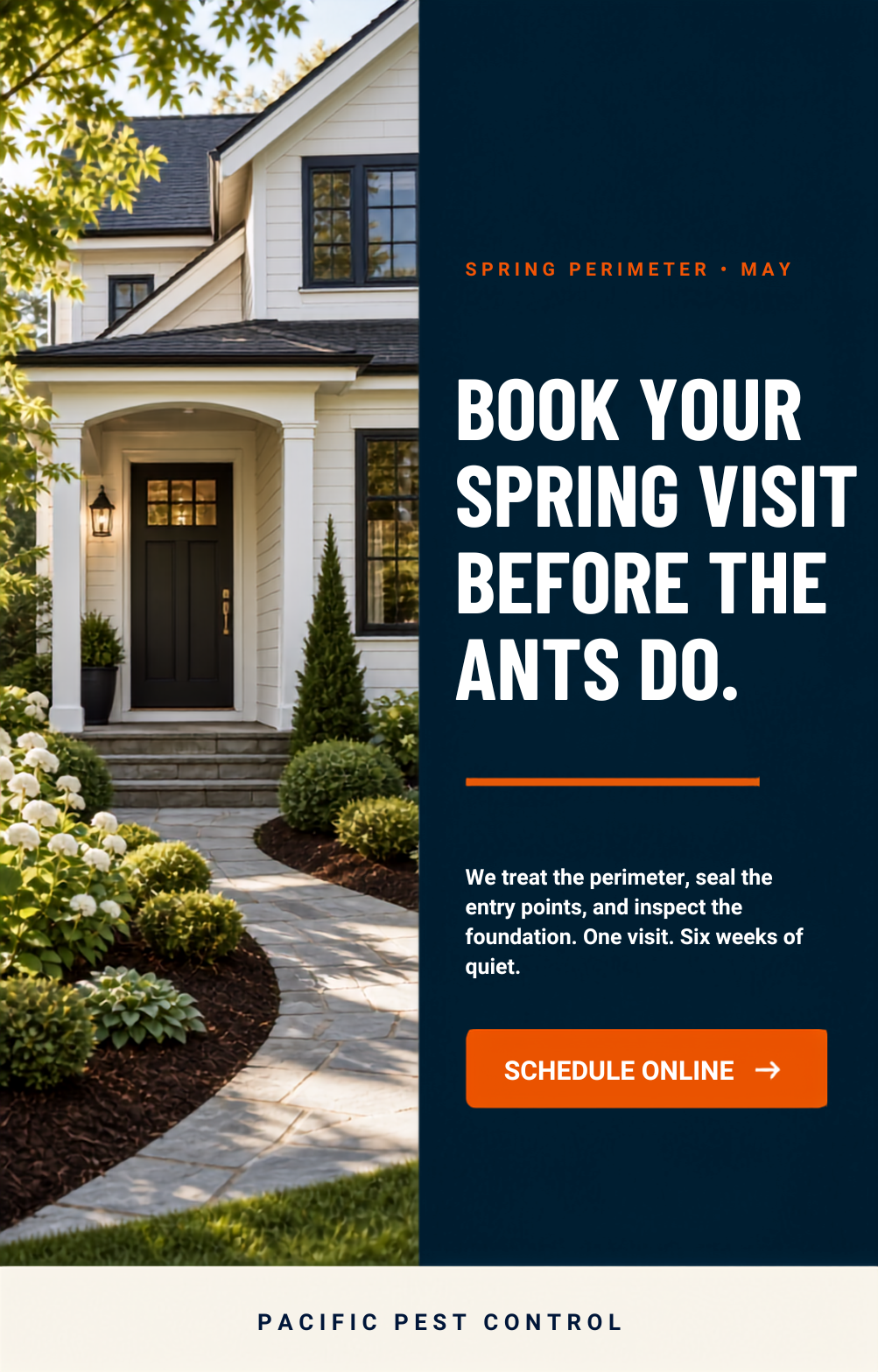Pacific Pest Control's spring perimeter defense bundle, presented as a magazine-style home protection guide instead of a