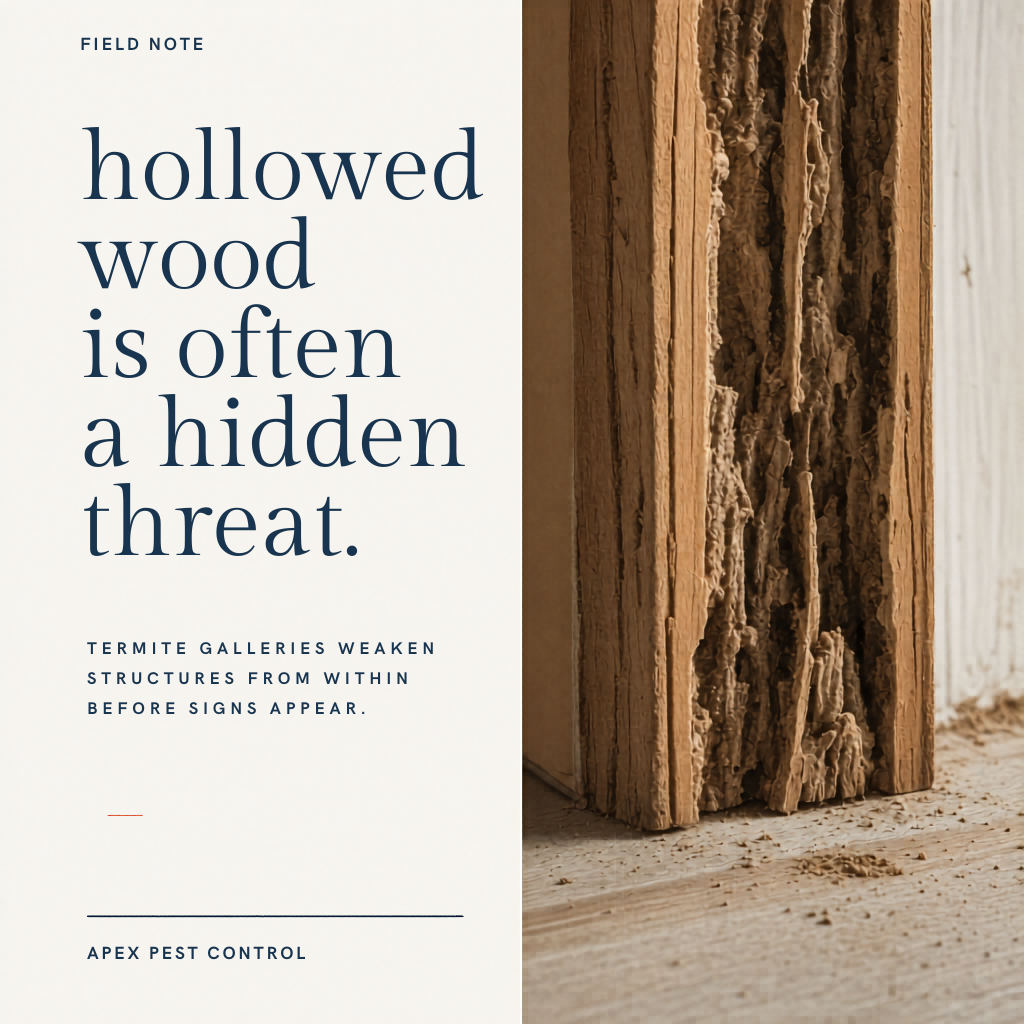Tap on a doorframe near your foundation. If it sounds hollow, you are already late. Termites carve galleries inside wood