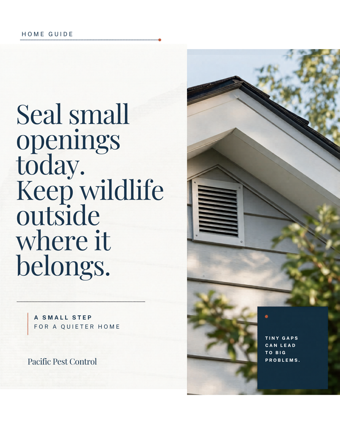 A gap the size of a quarter is enough for a roof rat, a starling, or a flying squirrel to set up shop in your attic. Wal