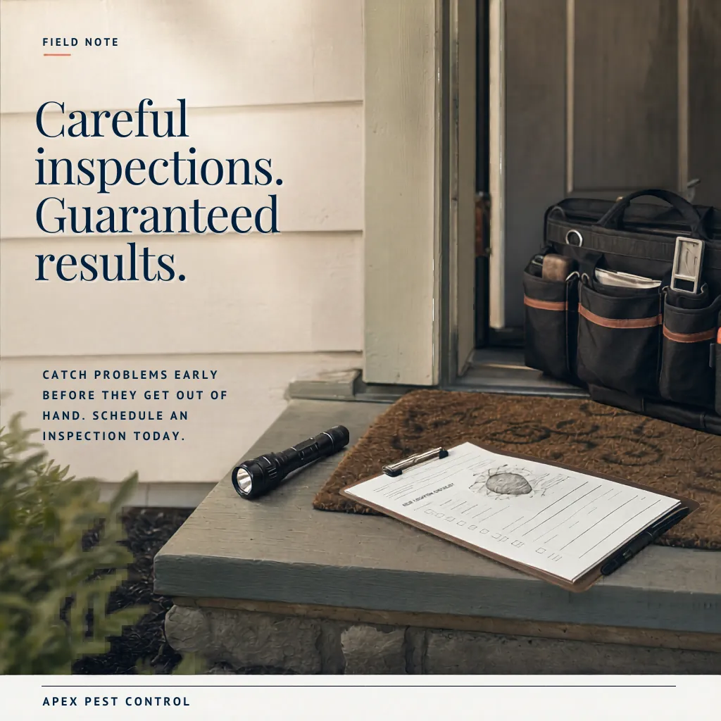 Behind-the-scenes pest control inspection post showing a professional flashlight and moisture-meter inspection