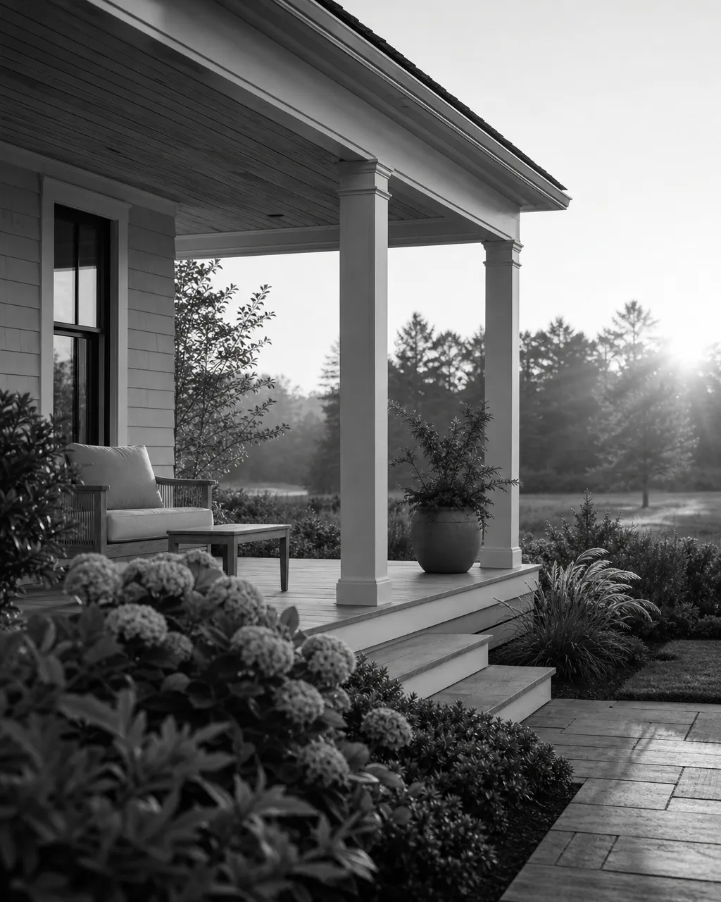 A covered porch framed by fresh plantings at sunrise