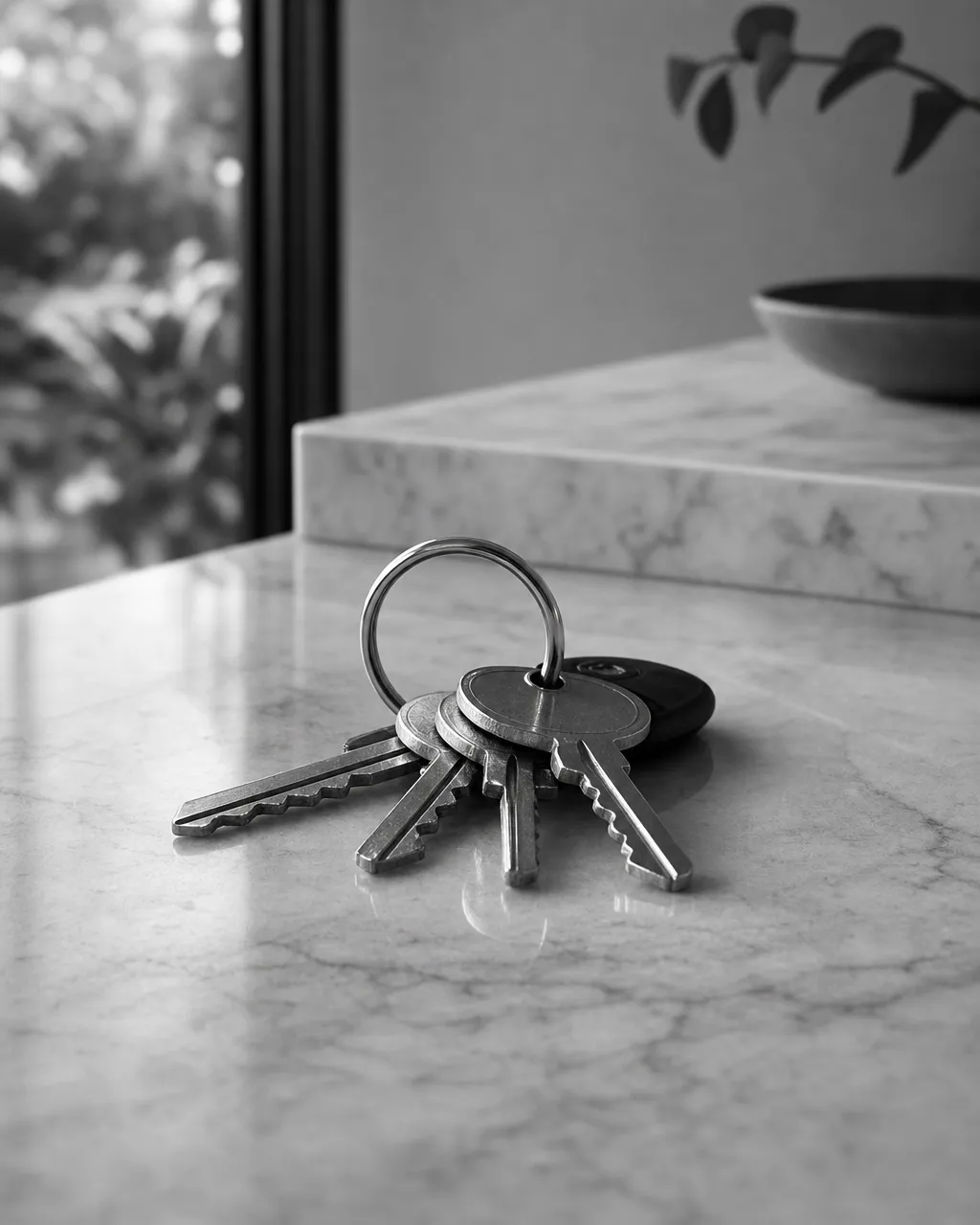 A ring of keys resting on a clean stone counter
