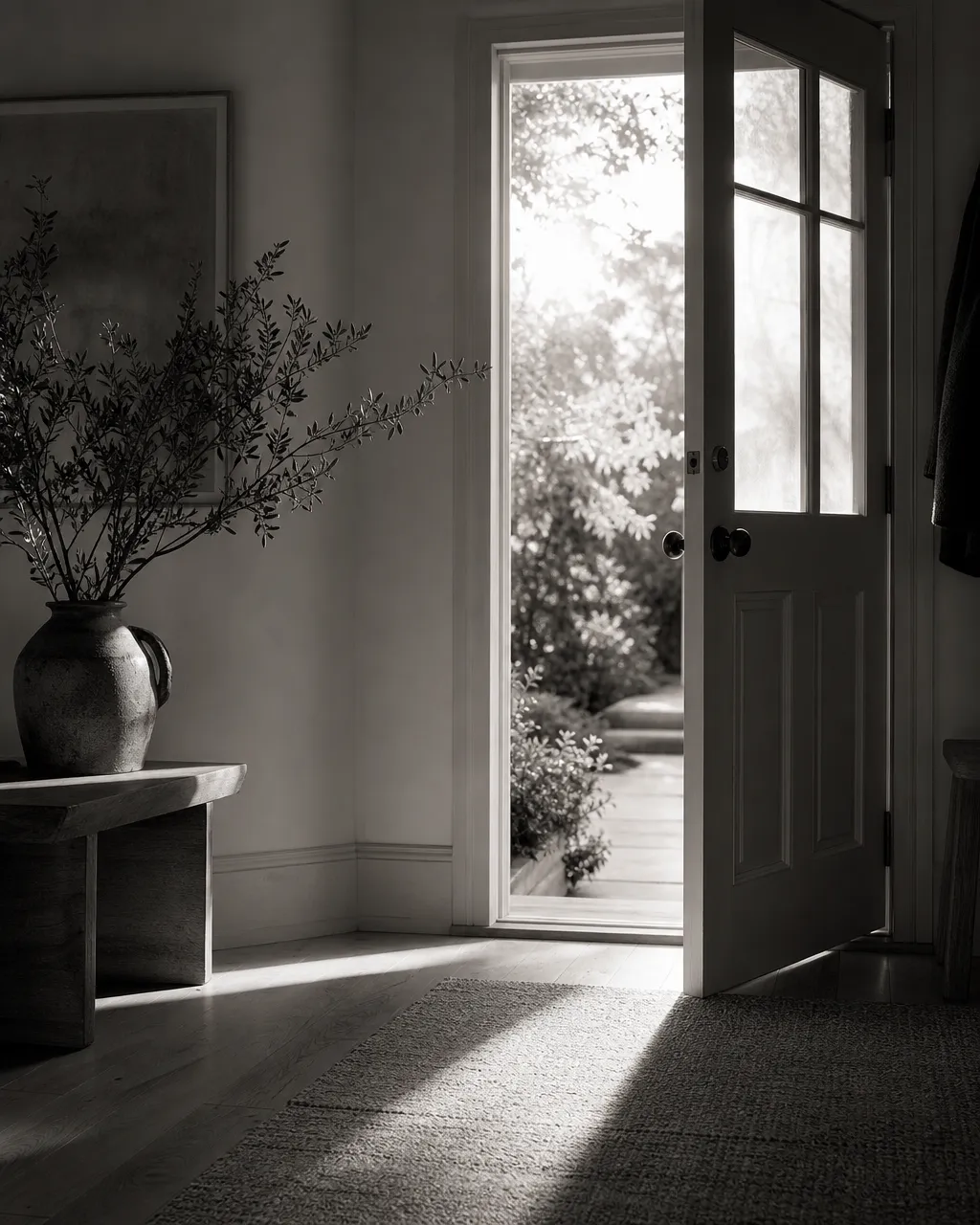 An open interior doorway with warm light spilling across the floor at sunrise