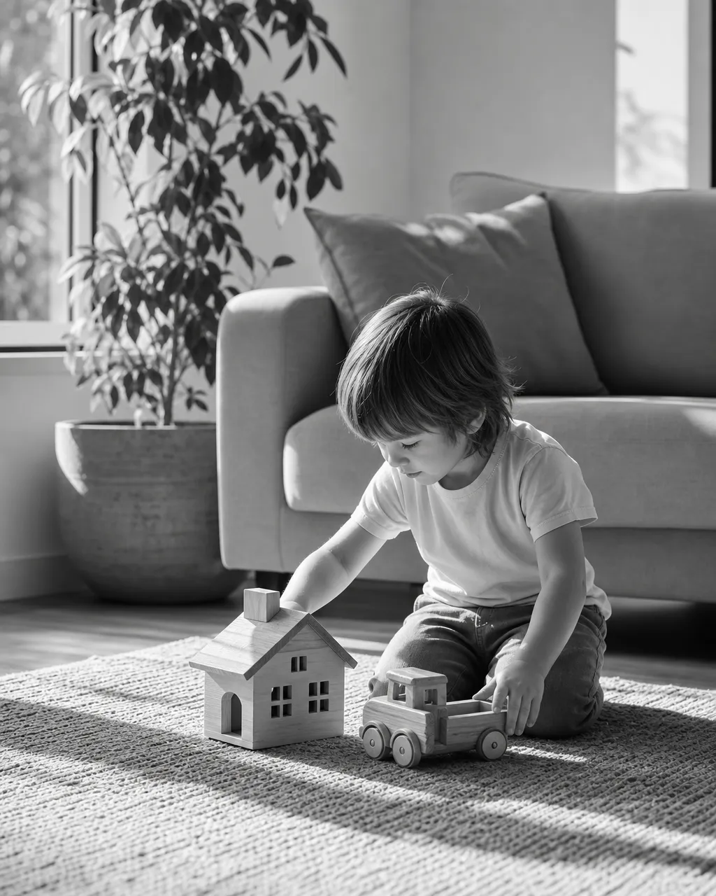 A child playing with wooden toys on a clean, sunlit living-room floor