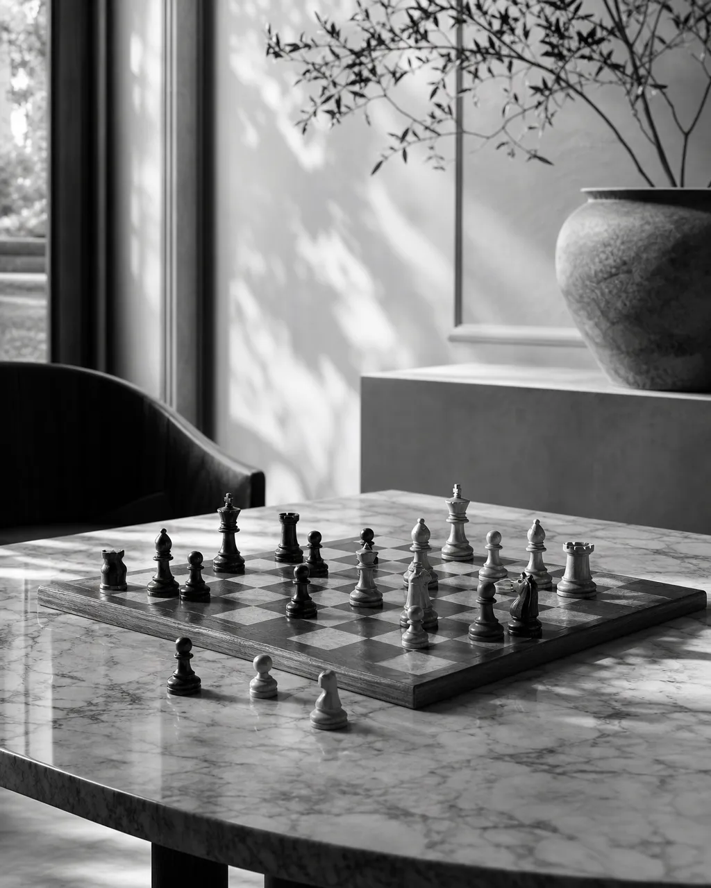 A vintage chess set mid-game in soft natural light