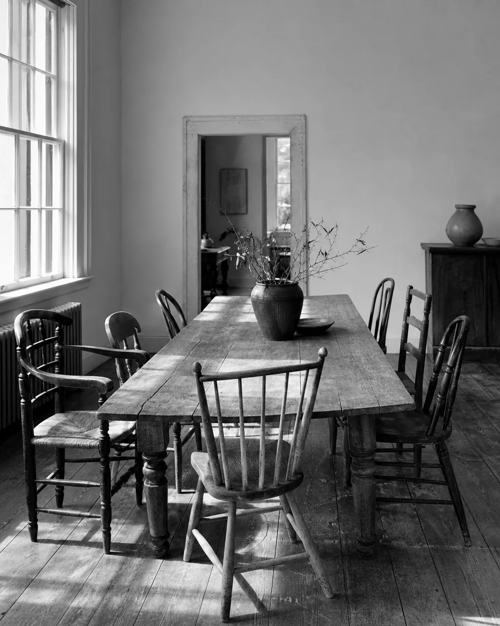 An arrangement of mismatched vintage chairs around a long wooden table