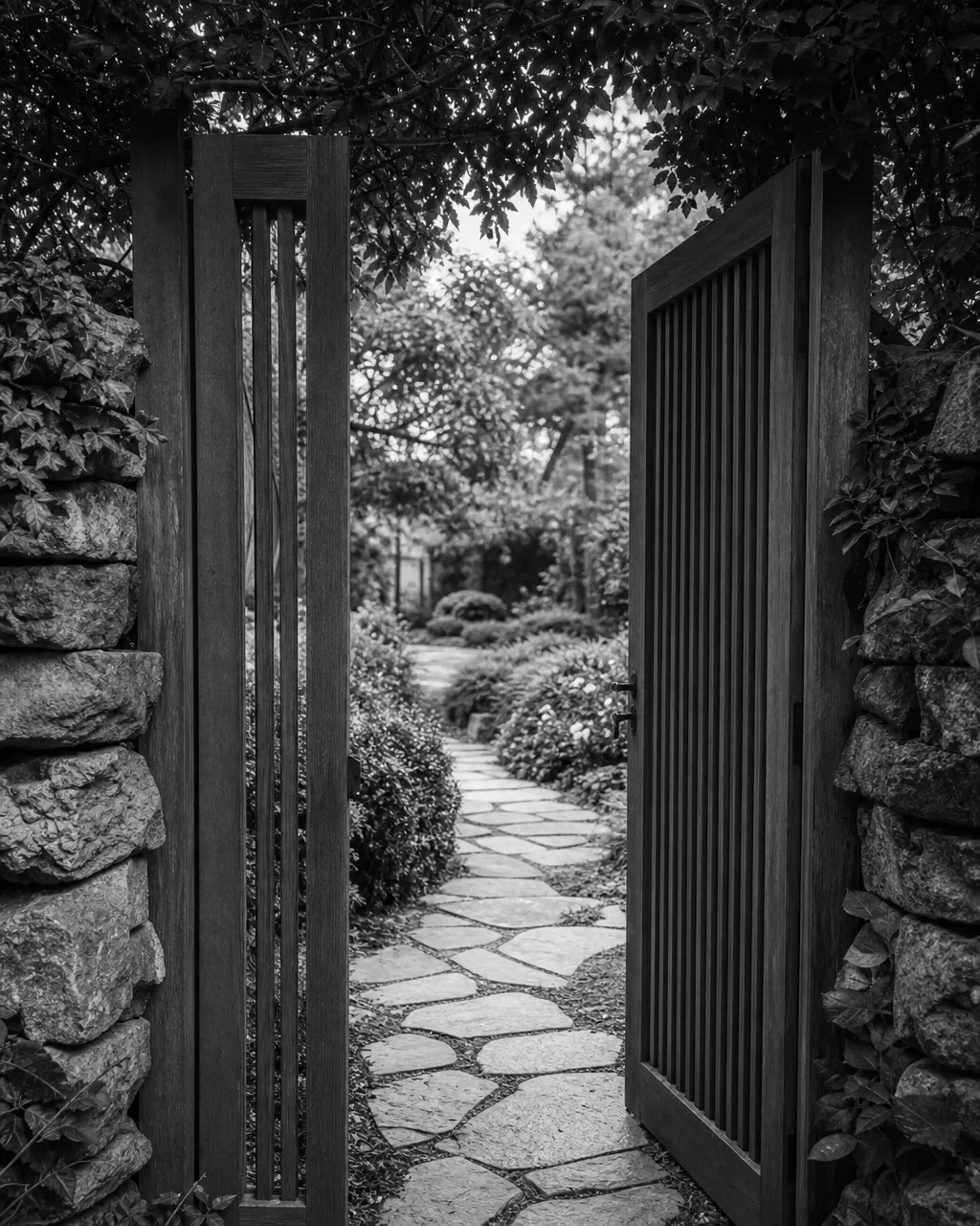 An open garden gate onto a welcoming stone path