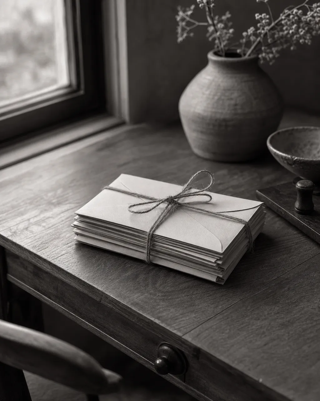 A small stack of cream envelopes tied with twine on a wooden desk