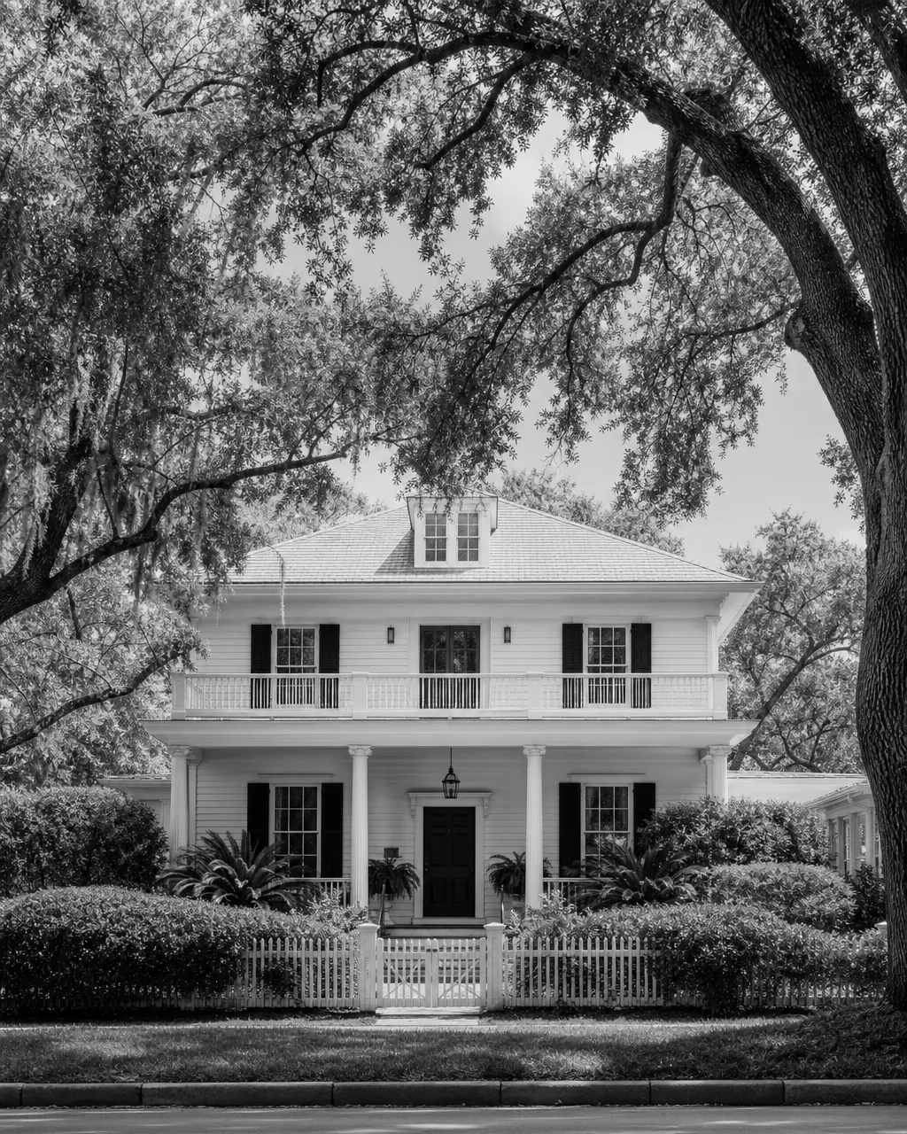 A classic home facade framed by mature oak trees