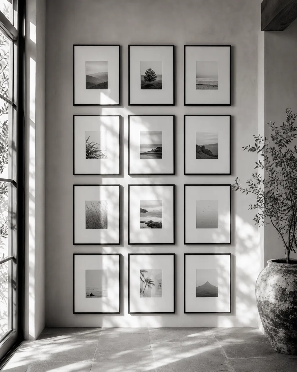 A wall of evenly spaced framed prints in soft natural light