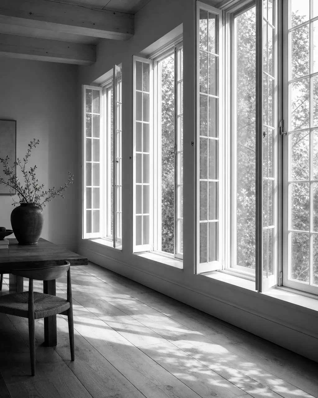Tall casement windows spilling light across wide-plank floors